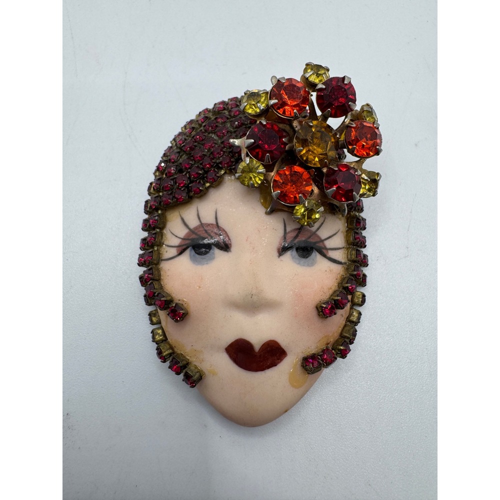 Vintage Art Deco Style Flapper Girl Face Brooch Red Rhinestone Statement Pin